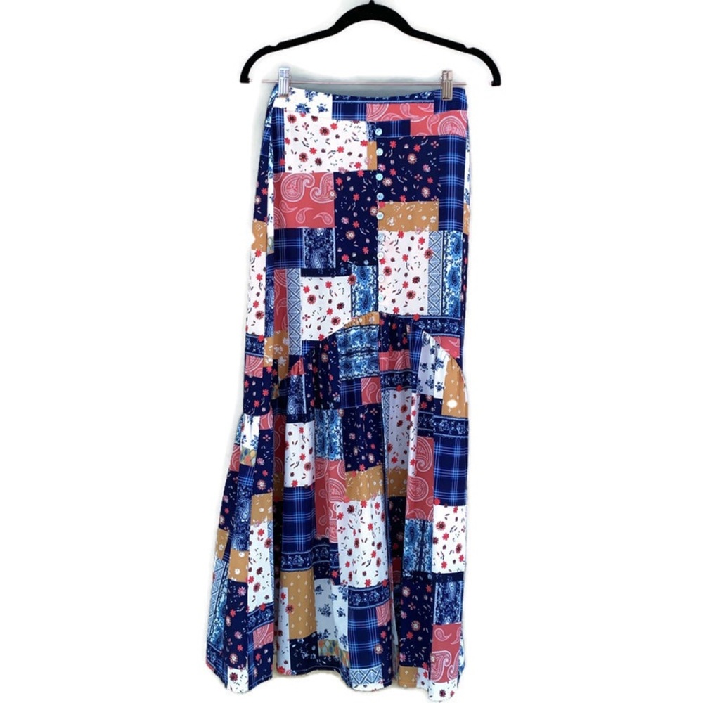 Kiss The Sky Patchwork Print Flounce Maxi Skirt Boho XS